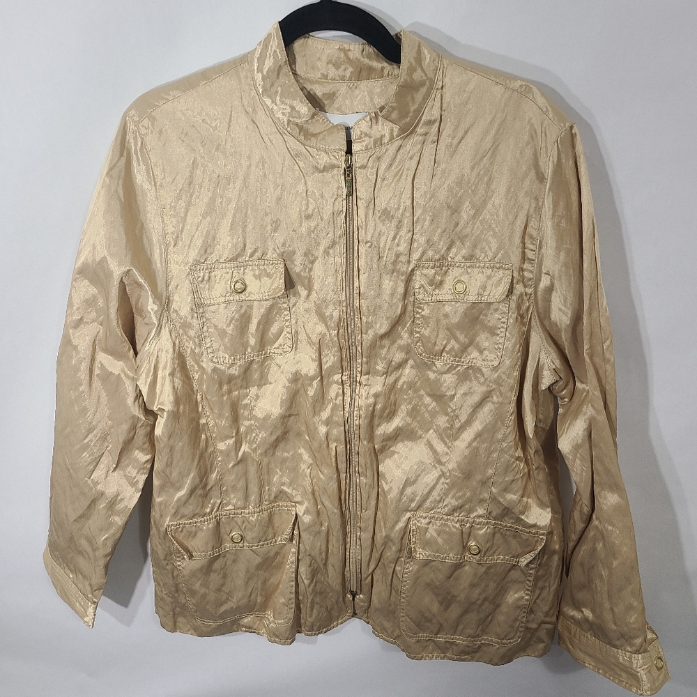 Alfred Dunner Women's Size 16 Metallic Gold Jacket Flap Pocket‎ Snaps Full Zip